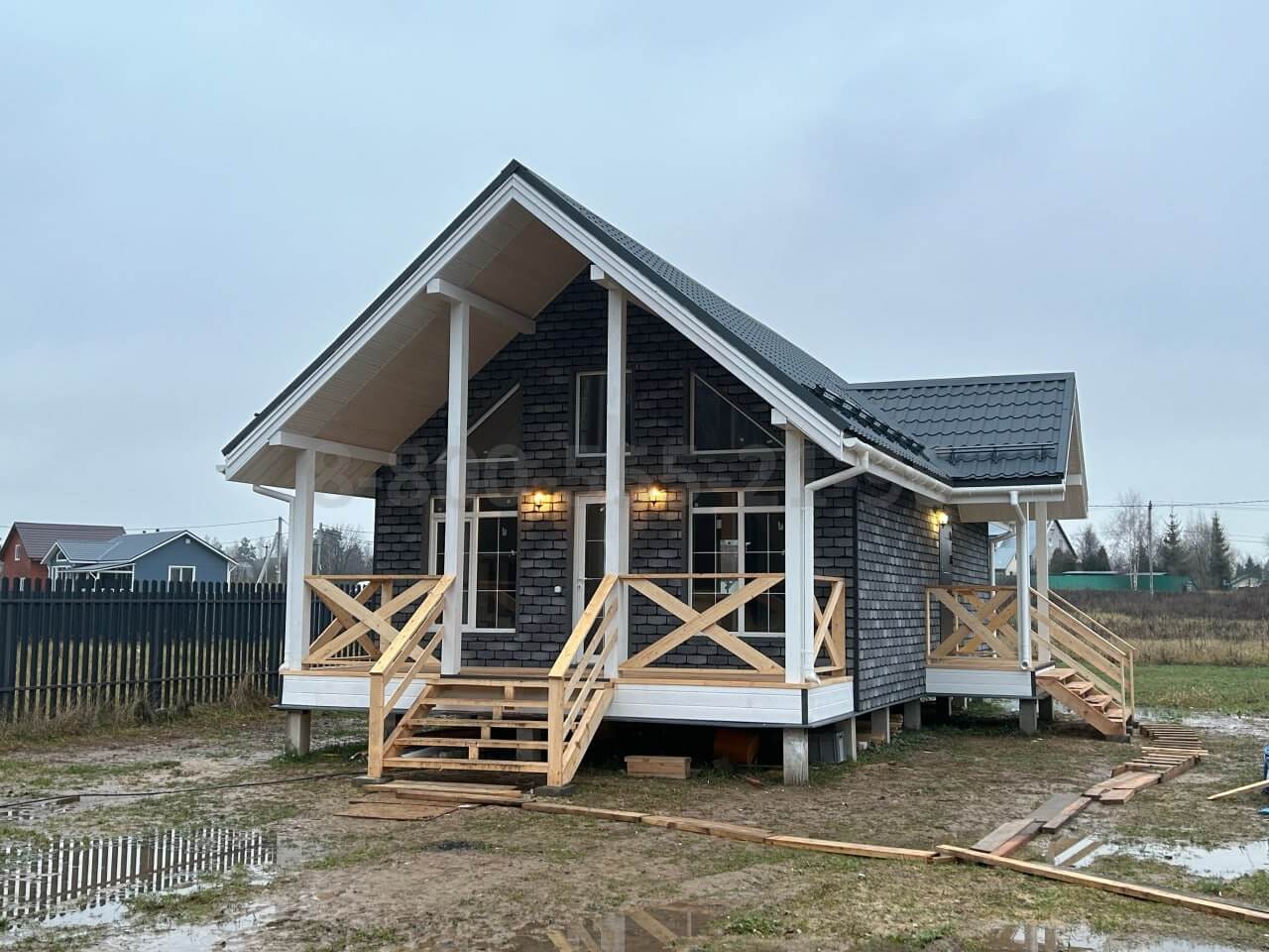 Двухэтажный каркасный дом 12х6м «Алсек» с террасой и лофтом