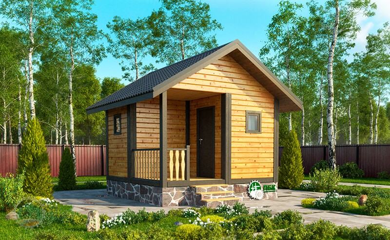 Маленькая одноэтажная баня из бруса «Веронда» 4х4 с террасой