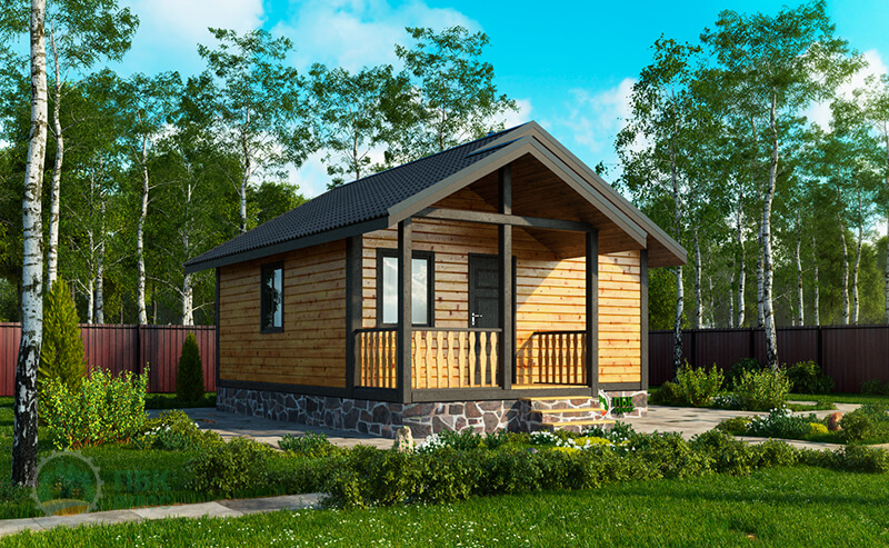 Небольшая одноэтажная баня из бруса «Кересть» 6х6 с террасой