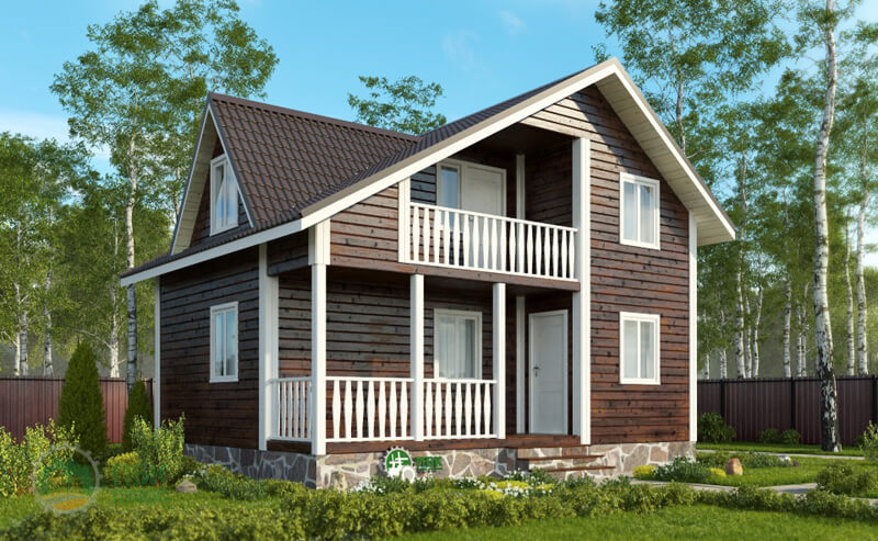 Дом из бруса «Тифина» 8х6 с террасой, кукушкой и балконом