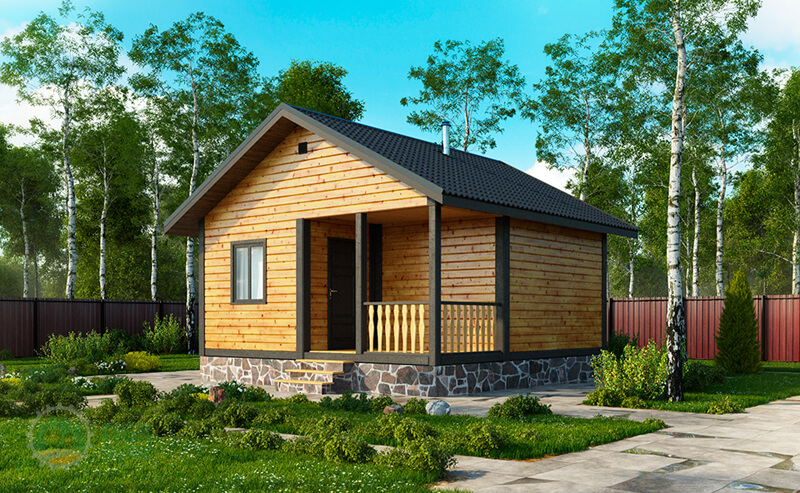 Небольшая одноэтажная баня из бруса «Ольшанка» 6х6 с террасой