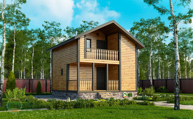 Баня из бруса «Робейка» 6х6 в полтора этажа с террасой