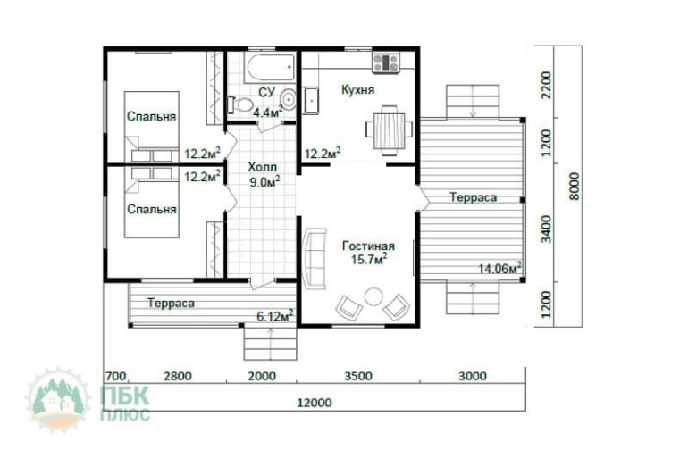 Дом из бруса «Безгодовка» 12х8 с террасой