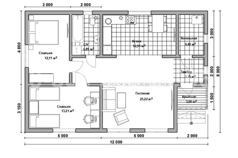 Одноэтажный каркасный дом «Мусь» 12х8