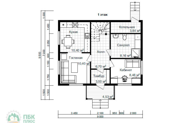 Полутораэтажный дом из бруса «Мая» 9х7 с террасой и балконом