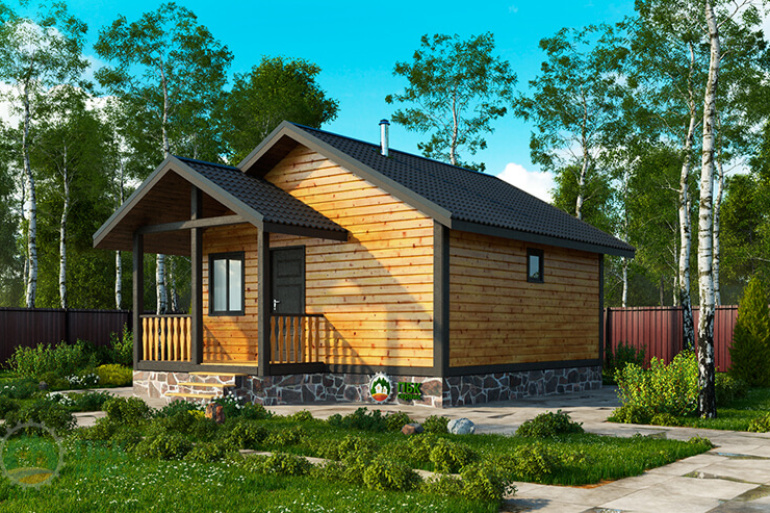 Небольшая одноэтажная баня из бруса «Кересть» 6х6 с террасой