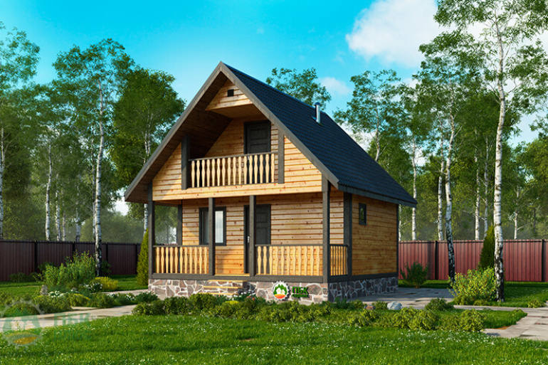 Баня из бруса «Питьба» 6х6 с мансардой, террасой и балконом