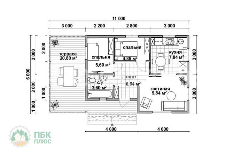 Одноэтажный дачный дом из бруса «Замбези» 11х6