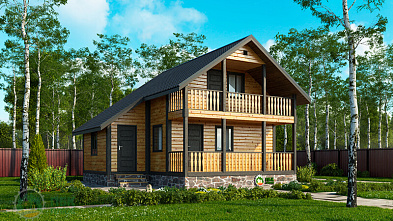 Большая баня из бруса «Сытинка» 8х7.5 с террасой и балконом