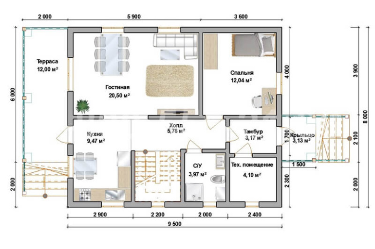 Полутораэтажный каркасный дом «Алазея» 13х8