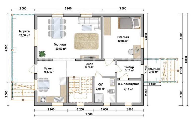 Полутораэтажный каркасный дом «Алазея» 13х8