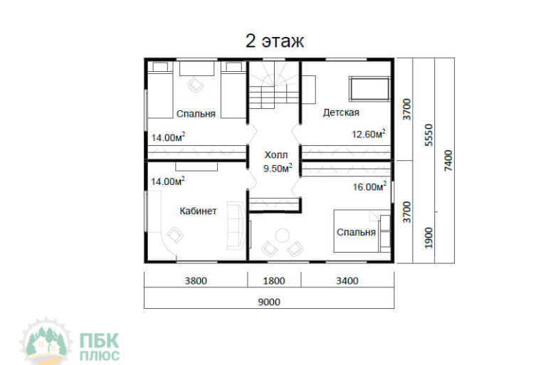 Двухэтажный дом из бруса «Онон» 12х8.9 с террасой