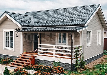 Каркасный одноэтажный дом 9 на 8 м. с террасой.