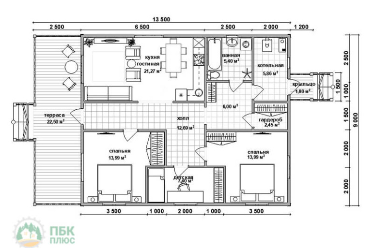 Одноэтажный дом из бруса «Арда» 13,5х9 с террасой
