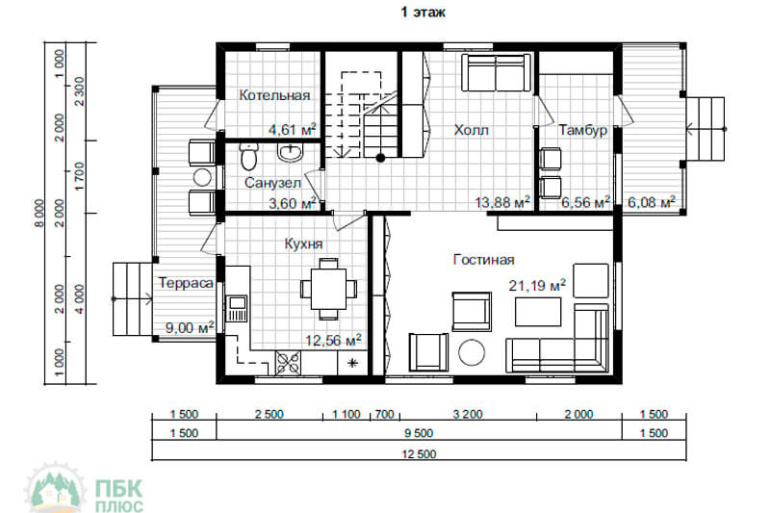 Большой дом из бруса «Алазея» 12.5х8 с террасой