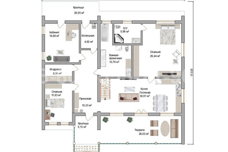 Одноэтажный каркасный дом «Миссури» 15х15 с террасой