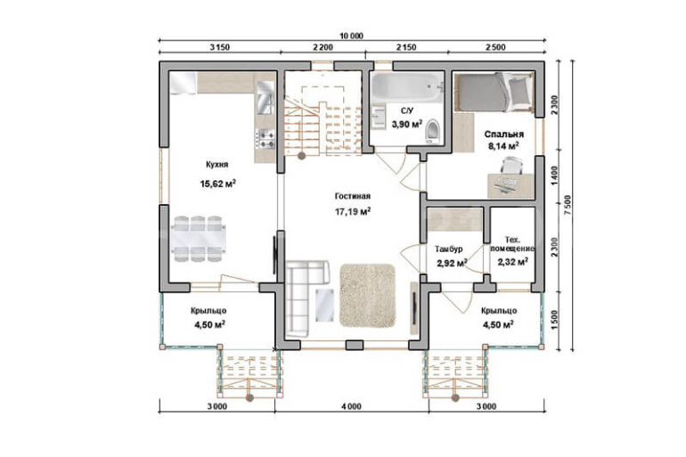 Полутораэтажный каркасный дом «Сена» 10х7.5
