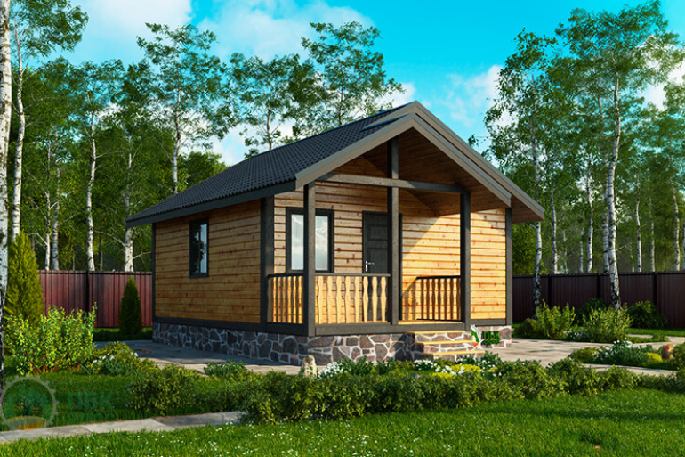 Небольшая одноэтажная баня из бруса «Кересть» 6х6 с террасой