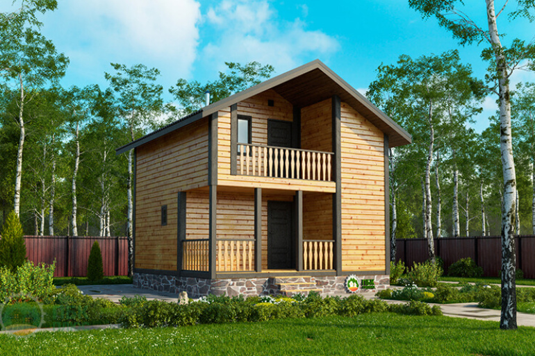 Баня из бруса «Робейка» 6х6 в полтора этажа с террасой