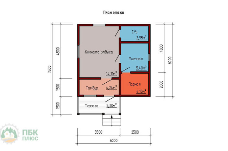 Небольшая одноэтажная баня из бруса «Кересть» 6х6 с террасой