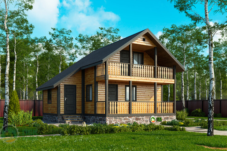 Большая баня из бруса «Сытинка» 8х7.5 с террасой и балконом