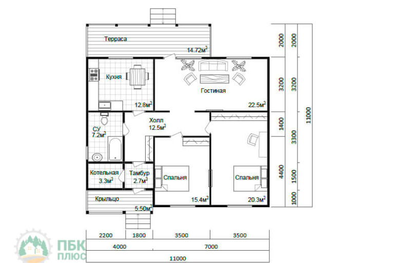 Одноэтажный дом из бруса «Витимкан» 11х11 с террасой
