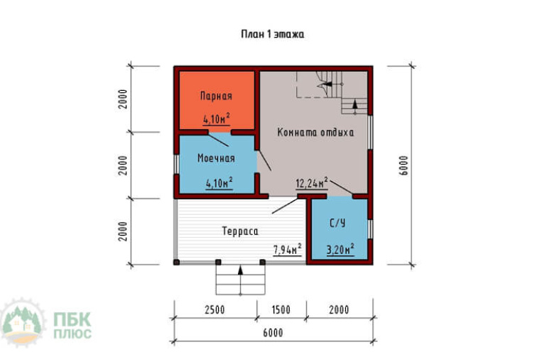Баня из бруса «Робейка» 6х6 в полтора этажа с террасой