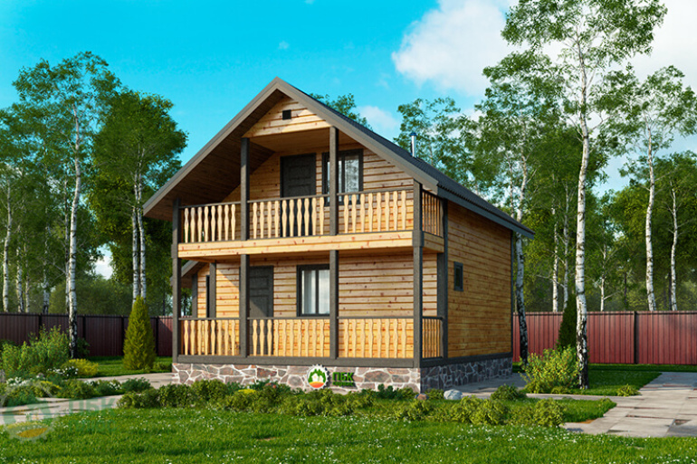 Большая баня из бруса «Сытинка» 8х7.5 с террасой и балконом