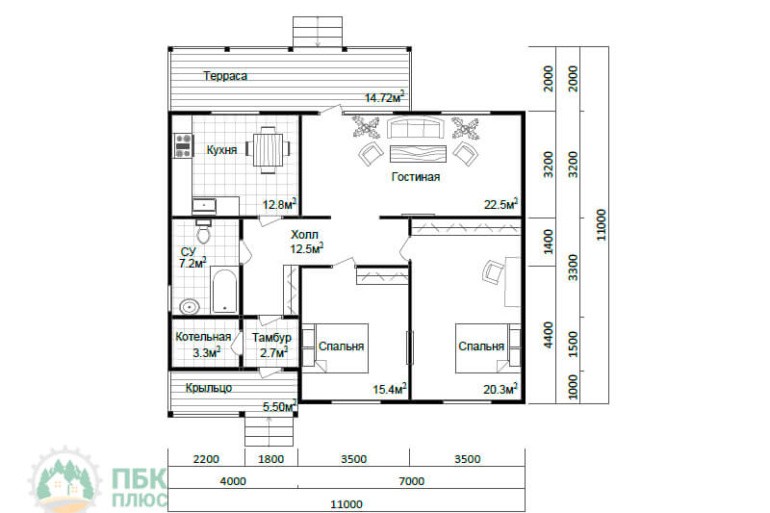 Одноэтажный каркасный дом «Витимкан» 11х11