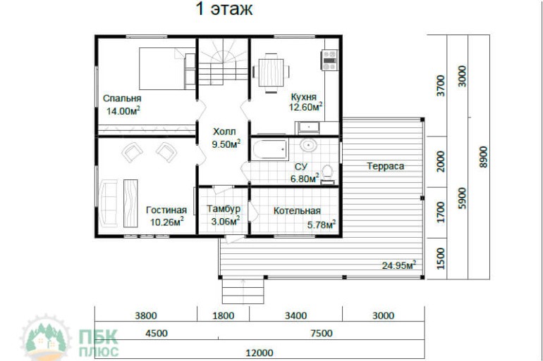 Двухэтажный дом из бруса «Онон» 12х8.9 с террасой