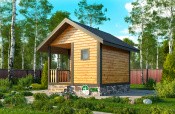 вид маленькой одноэтажной бани 4х4 из бруса с террасой