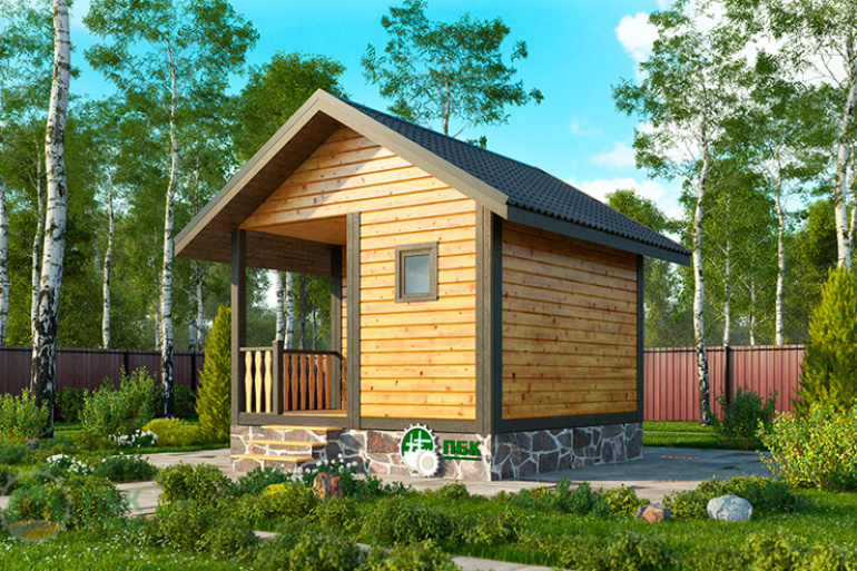 Маленькая одноэтажная баня из бруса «Веронда» 4х4 с террасой