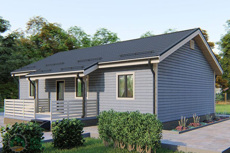 Одноэтажный дом из бруса «Омь» 13.8х11 с террасой и крыльцом