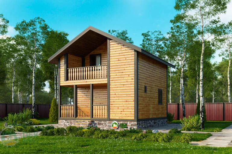 Баня из бруса «Робейка» 6х6 в полтора этажа с террасой