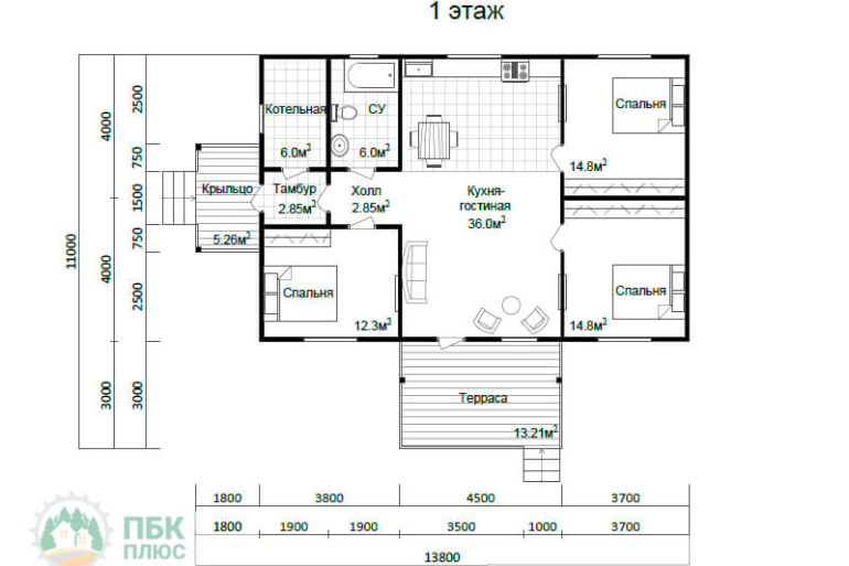 Одноэтажный дом из бруса «Омь» 13.8х11 с террасой и крыльцом