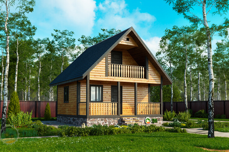 Баня из бруса «Питьба» 6х6 с мансардой, террасой и балконом