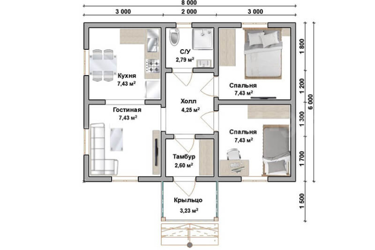 Одноэтажный каркасный дом «Нолгаш» 8х6