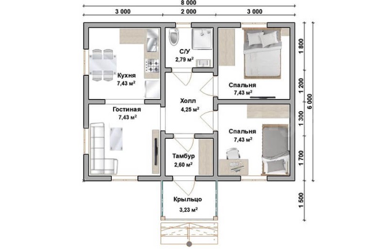 Одноэтажный каркасный дом «Нолгаш» 8х6