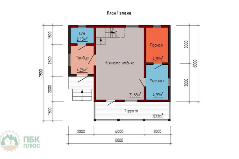 Большая баня из бруса «Сытинка» 8х7.5 с террасой и балконом