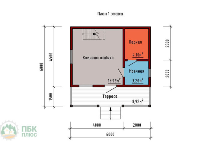 Баня из бруса «Питьба» 6х6 с мансардой, террасой и балконом