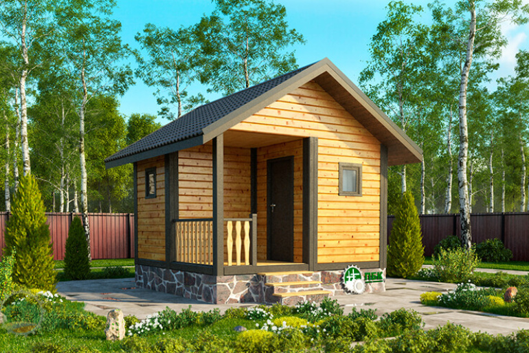 Маленькая одноэтажная баня из бруса «Веронда» 4х4 с террасой