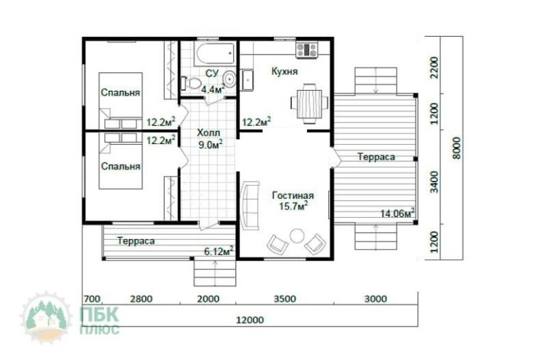 Одноэтажный каркасный дом «Безгодовка» 12х8