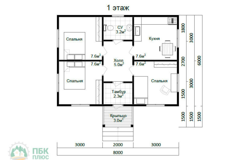 Дачный домик из бруса «Нолгаш» 8х6 с крыльцом
